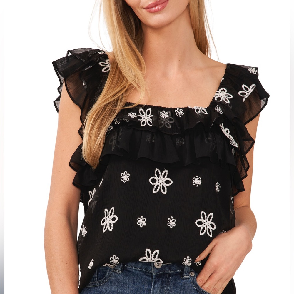 CECE Embroidered Sleeveless Ruffled Blouse